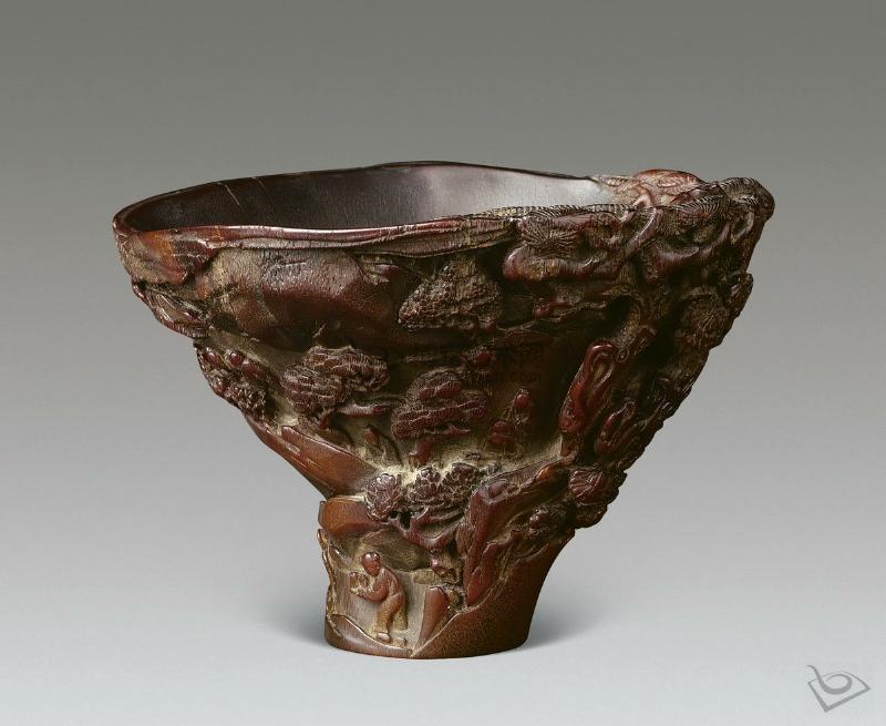 清 犀角雕高士雅集纹杯