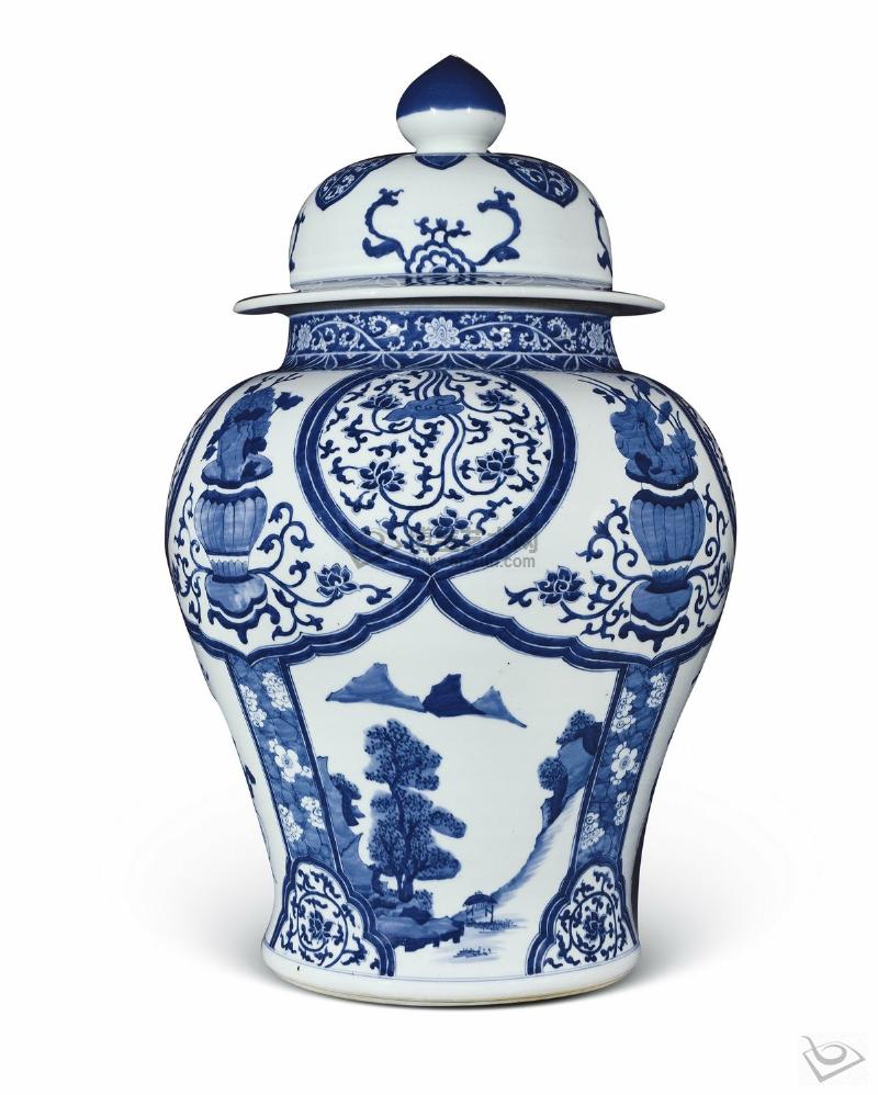 清康熙 青花花卉山水图特大将军罐