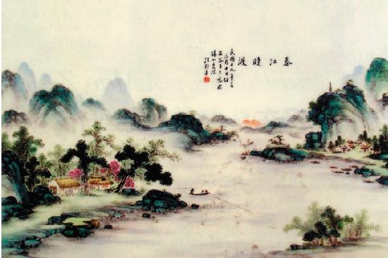 汪野亭粉彩《春江晓渡图》瓷板