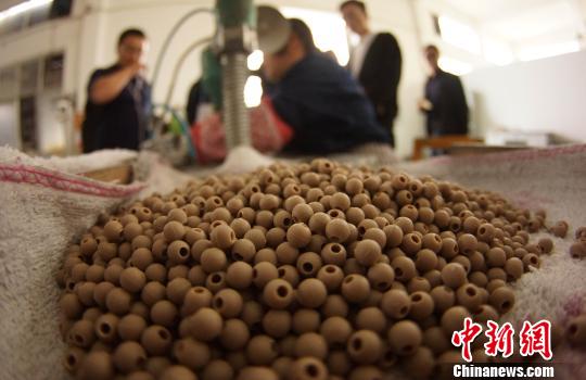 原料中95%的成份为当地陶瓷废渣,工人将其粉碎后,制作成圆形瓷珠。 王昊阳 摄